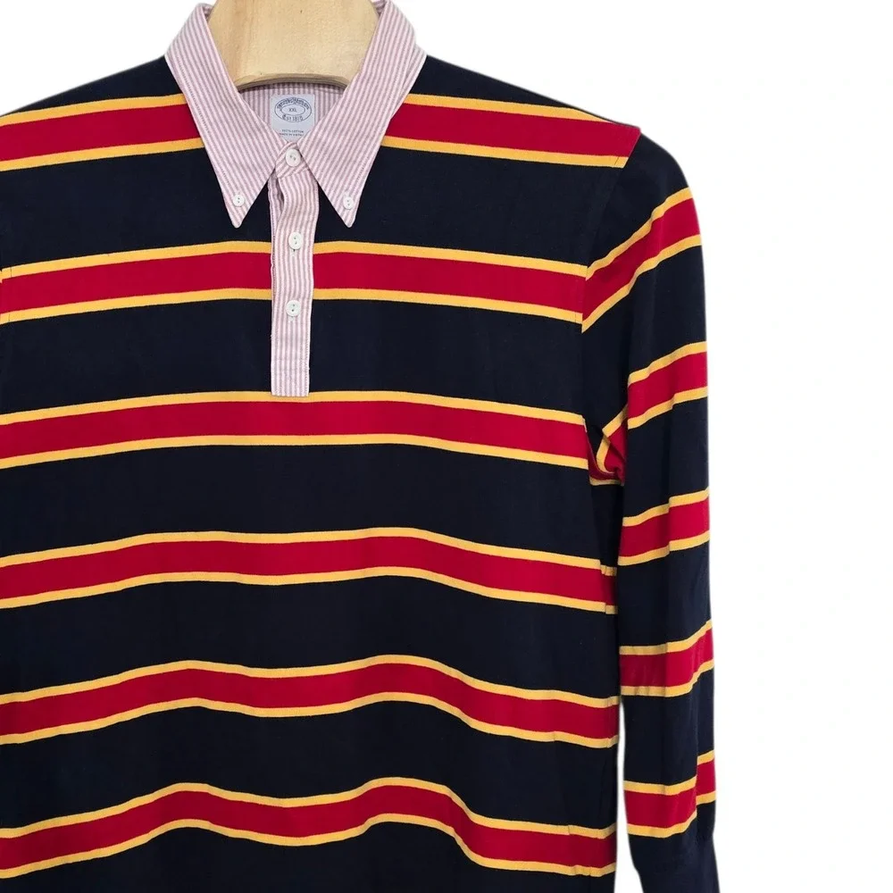 Brooks Brothers Mens XXL Striped Rugby Shirt Long Sleeve Navy Red Yellow Cotton